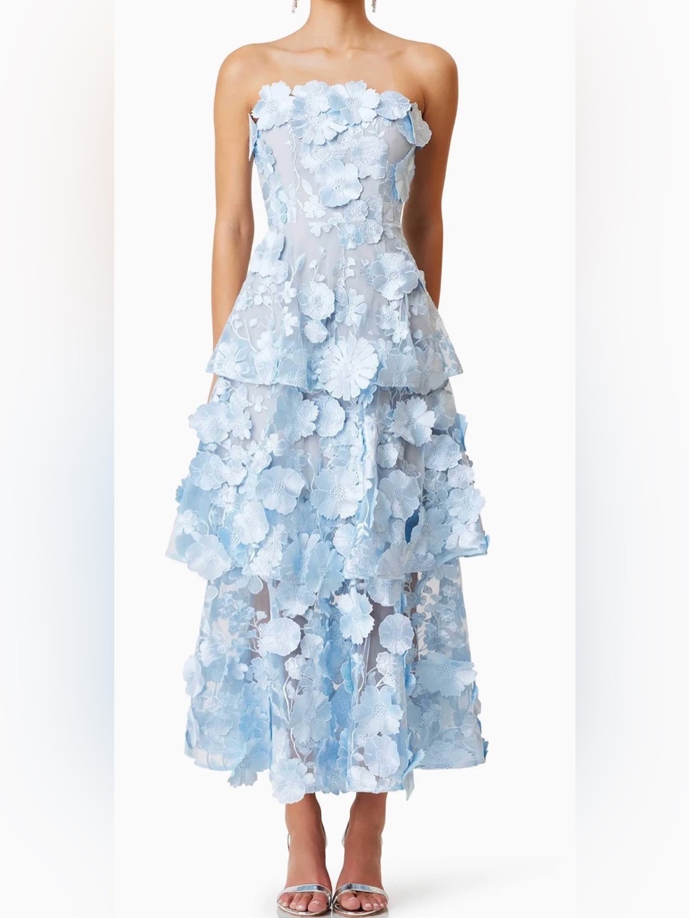 Elliatt Pastel Blue Strapless Tiered Floral Maxi Dress